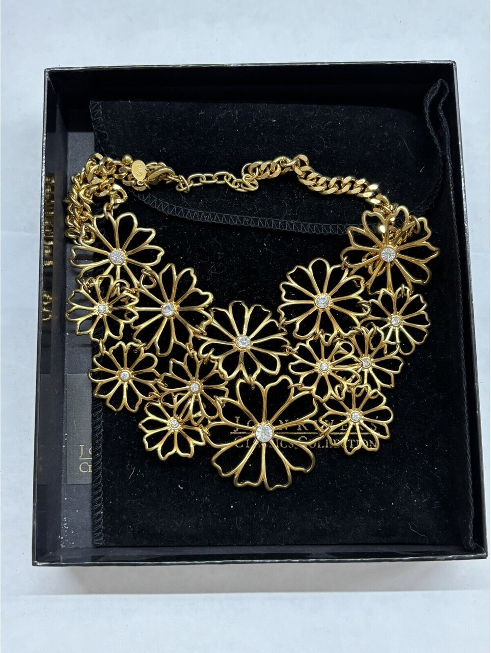 Vintage Joan Rivers Flower And Rhinestone Goldtone Bib Necklace